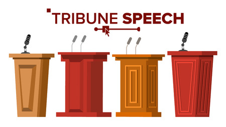 Tribune Set Vector. Podium Rostrum Stand With Microphones. Business Presentation Or Conference, Debate Speech. Flat Cartoon Illustrationのイラスト素材