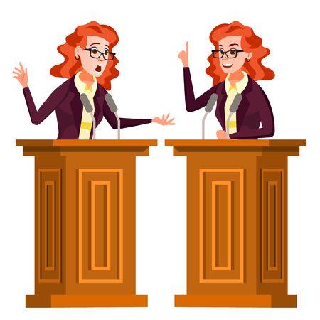 Speaker Woman Vector. Podium With Microphone. Giving Public Speech. Debates. Presentation. Isolated Flat Cartoon Character Illustrationのイラスト素材