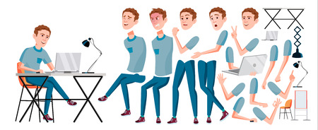 Office Worker Vector. Face Emotions, Various Gestures. Animation Creation Set. Adult Business Male. Successful Corporate Officer, Clerk, Servant. Flat Character Illustrationのイラスト素材