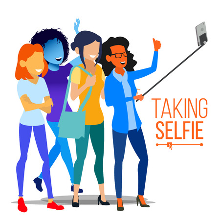 Girls Taking Selfie Vector. Photo Portrait Concept. Self Camera. Modern Flat Isolated People Illustrationのイラスト素材
