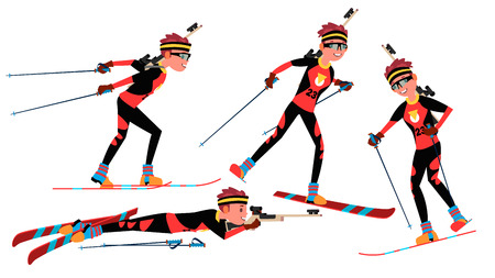 Biathlon Young Man Player Vector. Man. Shooting Range. Aiming With Competitive Gun. Flat Athlete Cartoon Illustrationのイラスト素材