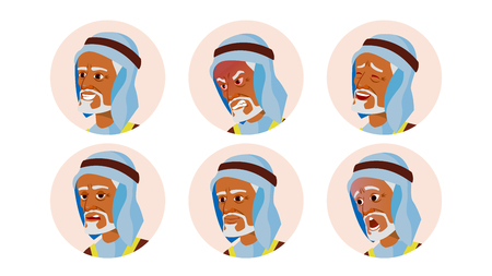 Old Arab Avatar Icon Man Vector. Traditional Clothes. Facial Emotions. Round Portrait. Cute Employer. Happiness, Unhappy. Beauty Gentleman. Isolated Flat Cartoon Illustrationのイラスト素材