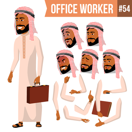 Arab Office Worker Vector. Saudi, Emirates, Qatar, Uae. Face Emotions, Various Gestures. Animation Creation Set. Corporate Businessman Male. Successful Officer, Clerk, Servant. Illustrationのイラスト素材