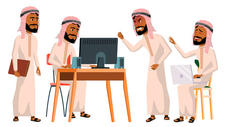 Arab Man Office Worker Vector. Saudi, Emirates, Qatar, Uae. Business Set. Facial Emotions, Gestures. Businessman Person. Front, Side View. Smiling Executive, Servant, Workman, Officer. Illustrationのイラスト素材
