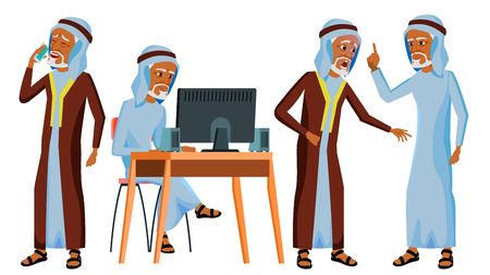 Arab Man Office Worker Vector. Islamic. Traditional Clothes. Old. Business Set. Face Emotions, Gestures. Adult Entrepreneur Business Man. Happy Clerk, Servant, Arabic Employee. Illustrationのイラスト素材