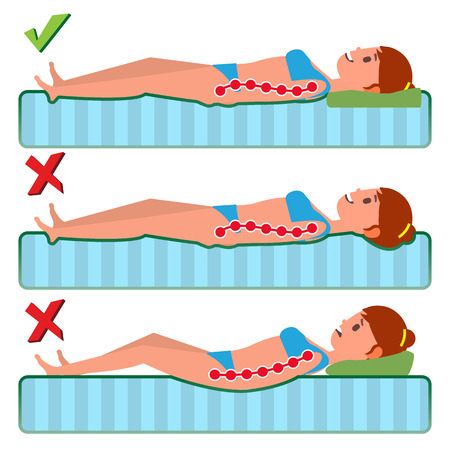 Orthopedic Mattress Vector. Sleeping Position. Bad And Good. Various Mattresses. Comfortable Bed. Pillow. Correct Spine Sleeping Position. Isolated Comparative Illustrationのイラスト素材