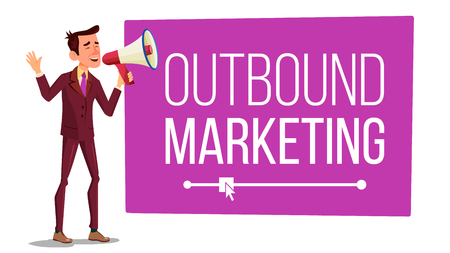 Outbound Marketing Banner Vector. Male With Megaphone. Loudspeaker. Speech Bubble. Isolated Illustrationのイラスト素材