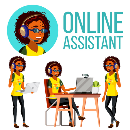 Online Assistant African Woman Vector. Headphone, Headset. Call Center. Technical Support. Dispatcher. Illustrationのイラスト素材