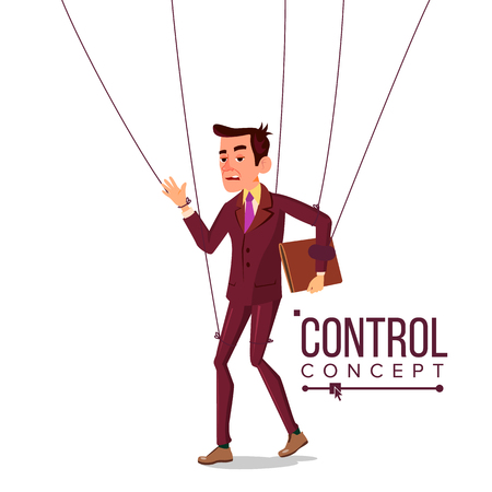 Manipulation Businessman Vector. Control Concept. Person On Ropes. Dishonestly Under The Influence. Unfair. Cartoon Illustrationのイラスト素材