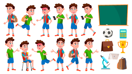Boy Schoolboy Kid Poses Set Vector. Primary School Child. Funny Children. Junior. Lifestyle, Friendly. For Advertising, Booklet, Placard Design. Isolated Cartoon Illustrationのイラスト素材
