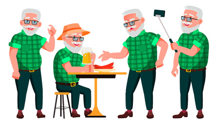Old Man Poses Set Vector. Elderly People. Senior Person. Aged. Caucasian Retiree. Smile. Web, Poster, Booklet Design Isolated Cartoon Illustrationのイラスト素材