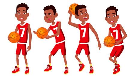 Basketball Player Child Set Vector. Various Poses. Athlete In Uniform With Ball. Sport Game Competition. Game. Isolated Flat Cartoon Illustrationのイラスト素材