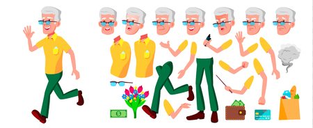 Old Man Vector. Senior Person Portrait. Elderly People. Aged. Animation Creation Set. Face Emotions, Gestures. Active Grandparent. Joy. Poster Design Animated Isolated Illustrationのイラスト素材