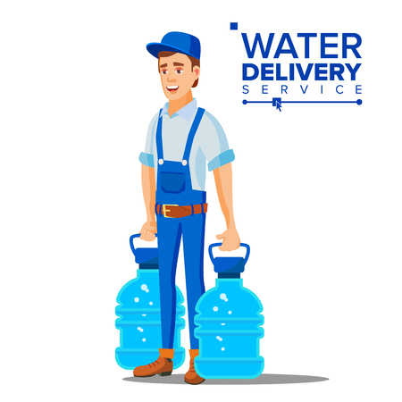 Water Delivery Service Man Vector. Company. Plastic Bottle. Supply, Shipping. Isolated Flat Cartoon Illustrationのイラスト素材