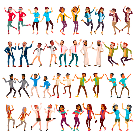 Dancing People Set Vector. Celebrating Dances. Dancing People Moves. Holiday Vacation Party. People Listening To Music. Happy Dancer Poses. Cartoon Illustrationのイラスト素材