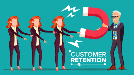 Customer Retention Vector. Businessman With Giant Magnet Attracts Client Woman. Success Strategy, Customer Attraction. Flat Cartoon Illustrationのイラスト素材
