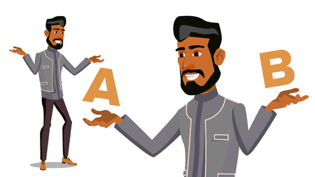 Arab Man Comparing A With B Vector. Balance Of Mind And Emotions. Client Choice. Compare Objects, Ways, Ideas.Isolated Cartoon Illustrationのイラスト素材