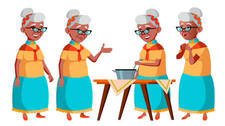 Old Woman Poses Set Vector. Black. Afro American. Elderly People. Senior Person. Aged. Friendly Grandparent. Web, Poster, Booklet Design Isolated Cartoon Illustrationのイラスト素材