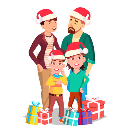 Christmas Family Vector. Mom, Dad, Children Together. In Santa Hats. Full Family. Celebrating. Decoration Element Isolated Cartoon Illustrationのイラスト素材