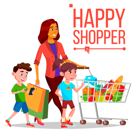 Shopping Woman Vector. With Children. Purchasing Concept. Happy Shopper. Smiling Girl. Holding Paper Packages. Joyful Female. Grocery Cart. Business Isolated Illustrationのイラスト素材