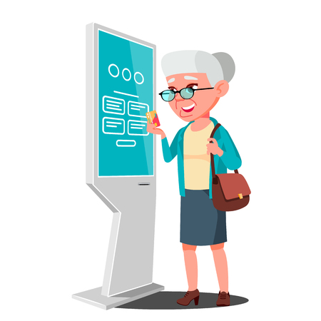 Old Woman Using ATM Machine, Digital Terminal Vector. Digital Kiosk LED Display. Self Service Information System. Isolated Flat Cartoon Illustrationのイラスト素材