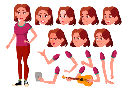 Teen Girl Vector. Teenager. Activity, Beautiful. Face Emotions, Various Gestures. Animation Creation Set. Isolated Cartoon Character Illustrationのイラスト素材