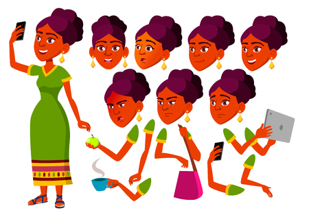 Teen Girl Vector. Indian, Hindu Teenager. Leisure, Smile. Asian. Face Emotions, Various Gestures. Animation Creation Set Isolated Flat Cartoon Illustrationのイラスト素材