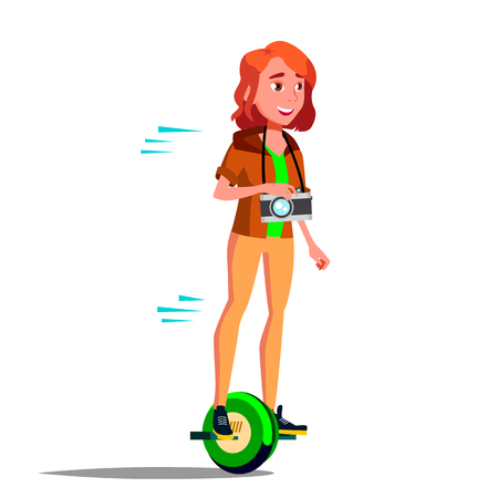 Teen Girl On Hoverboard Vector. Riding On Gyro Scooter. One-Wheel Electric Self-Balancing Scooter. Positive Person. Isolated Illustrationのイラスト素材