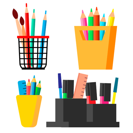 Pen Stand Set Vector. Brush, Pencil, Paint Brush. Isolated Cartoon Illustrationのイラスト素材