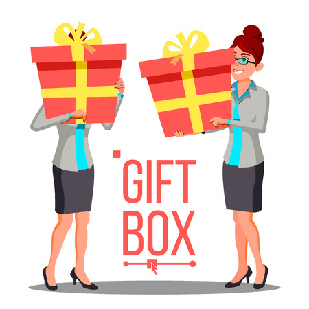 Business Woman Holding Red Gift Box Vetor. Holidays Present Concept. Illustrationのイラスト素材