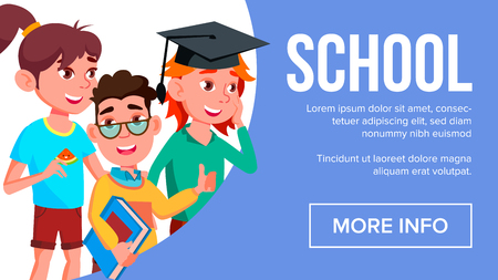 School Eduacation Banner Vector. Multiracial Children. Advertising Brochure. Pupils Illustrationのイラスト素材