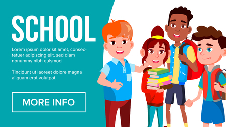 School Eduacation Banner Vector. Multiracial Children. Advertising Brochure. Pupils. Illustrationのイラスト素材