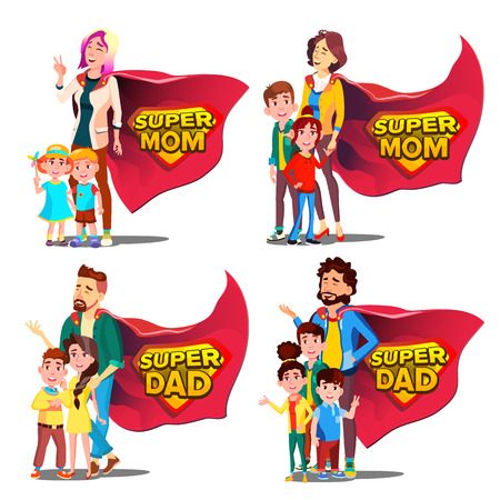 Super Dad, Mom Vector. Mother And Father Like Super Hero With Children. Shield Badge. Isolated Flat Cartoon Illudtrationのイラスト素材