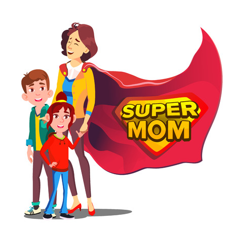 Super Mom Vector. Mother Like Super Hero With Children. Isolated Flat Cartoon Illudtrationのイラスト素材