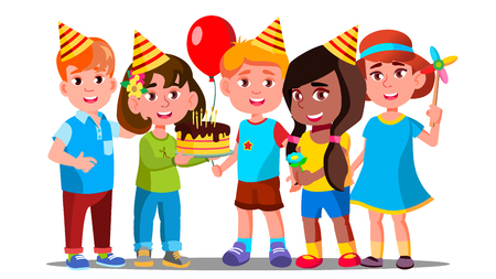Boys And Girls Celebrate Birthday Of Child Vector. Illustrationのイラスト素材