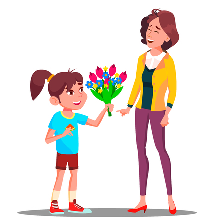 Little Girl Gives Flowers To Mother, Happy Mother S Day Vector. Present, Gift. Illustrationのイラスト素材