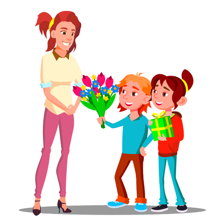 Children Give Flowers And Gifts To Mother Vector. Present, Gift. Illustrationのイラスト素材