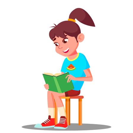 Little Smart Girl Reading A Book At Home Vector. Education Concept. Illustrationのイラスト素材