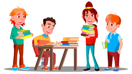 Children Reading Books Together In Library, Education Concept Vector. Reading. Illustrationのイラスト素材