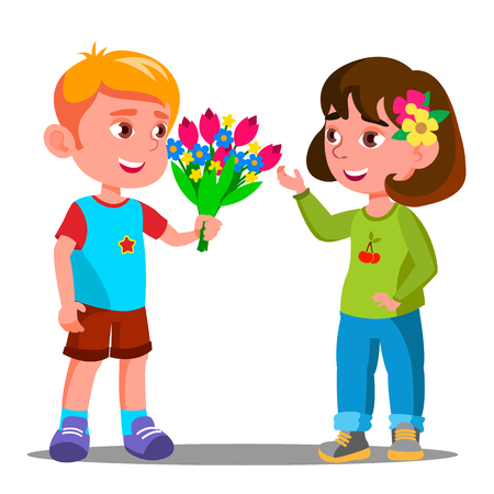 Little Boy Gives The Flowers To The Little Girl Vector. Illustrationのイラスト素材