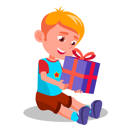 Little Boy Opening Gift Christmas Box Vector. Illustrationのイラスト素材