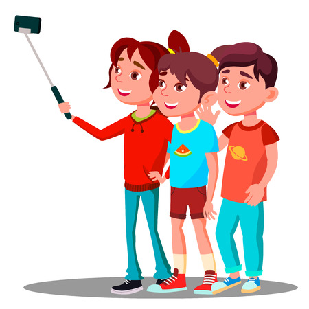 Group Of Children Make A Selfie Picture On Mobile Phone Vector. Illustrationのイラスト素材