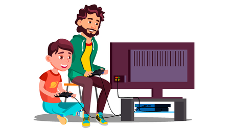 Father And Son Play Video Games Sitting Together Vector. Illustrationのイラスト素材
