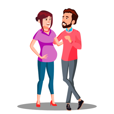 Young Family Couple, Man Takes Care Of A Pregnant Wife Vector. Illustrationのイラスト素材
