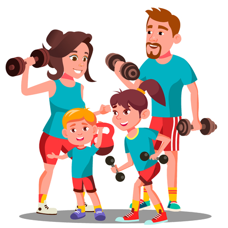 Sports Family, Parents And Children Doing Sports Outdoor Vector. Illustrationのイラスト素材