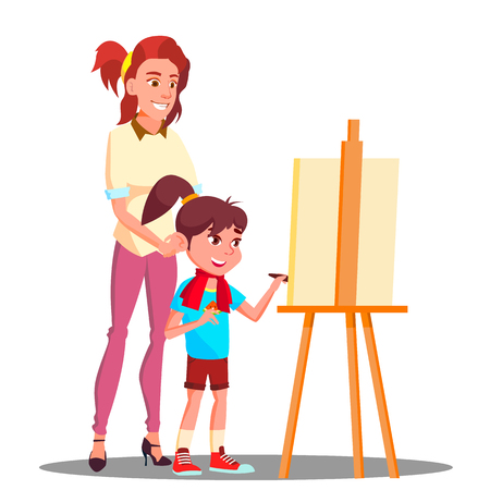 Mother And Daughter Painting On The Easel Vector. Illustrationのイラスト素材