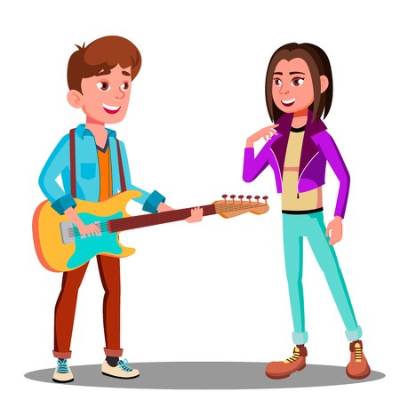 Handsome Young Man Playing Guitar To Beautiful Girl Vector. Illustrationのイラスト素材