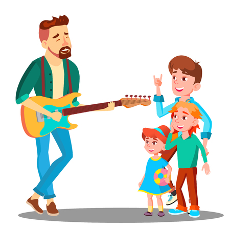 Father Plays The Guitar For Children Vector. Illustrationのイラスト素材