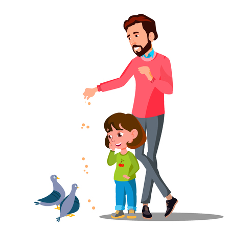 Father With Young Child Feeding Birds Vector. Illustrationのイラスト素材