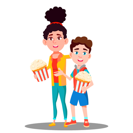 Boy And Girl With Popcorn In Hands Vector. Illustrationのイラスト素材